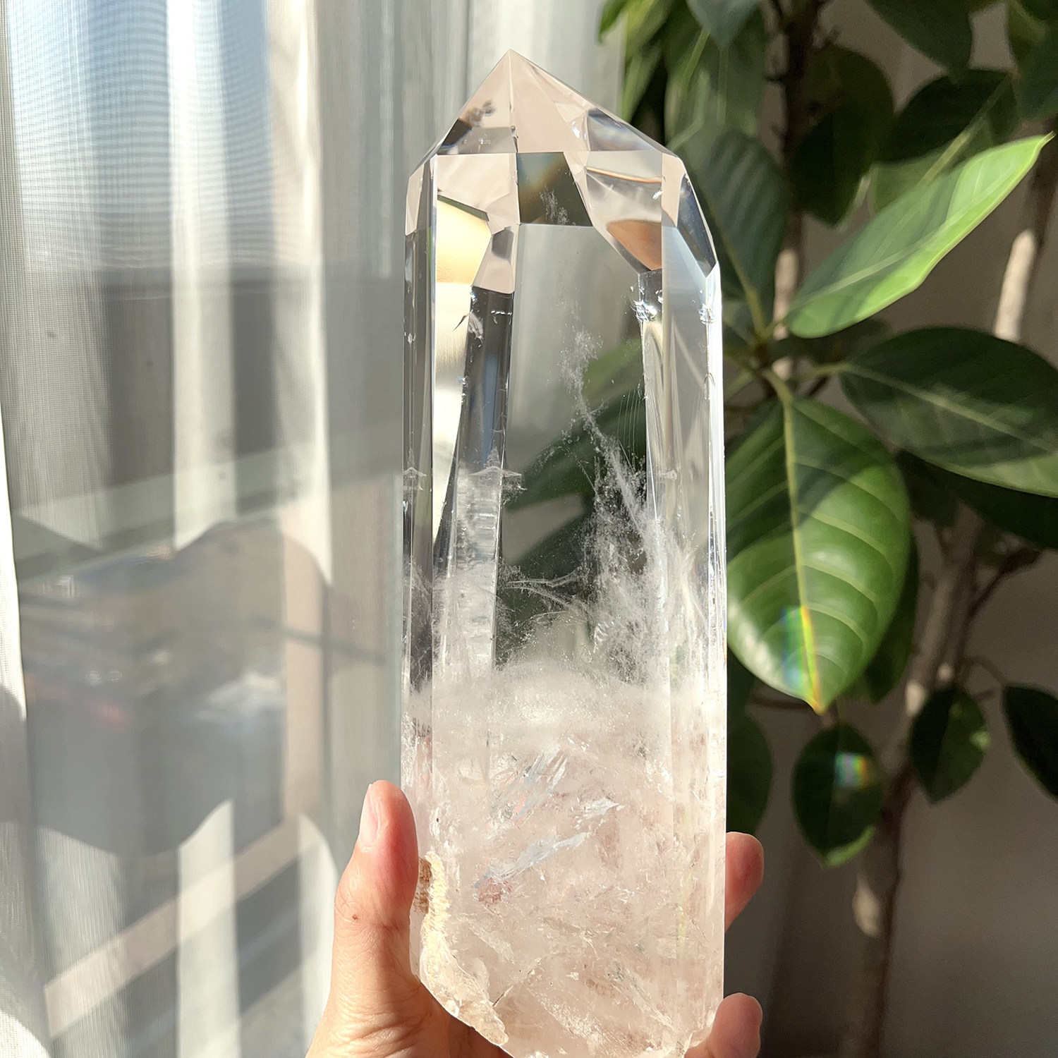 天然白水晶柱单尖柱摆件