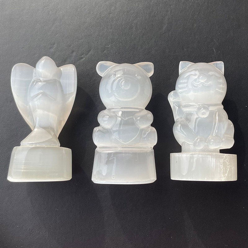 天然透石膏天使小熊招财猫摆件
