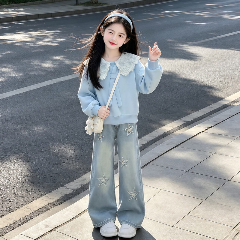 女童春秋季新款两件套韩版宽松卫衣牛仔裤套装中大童洋气休闲潮秋