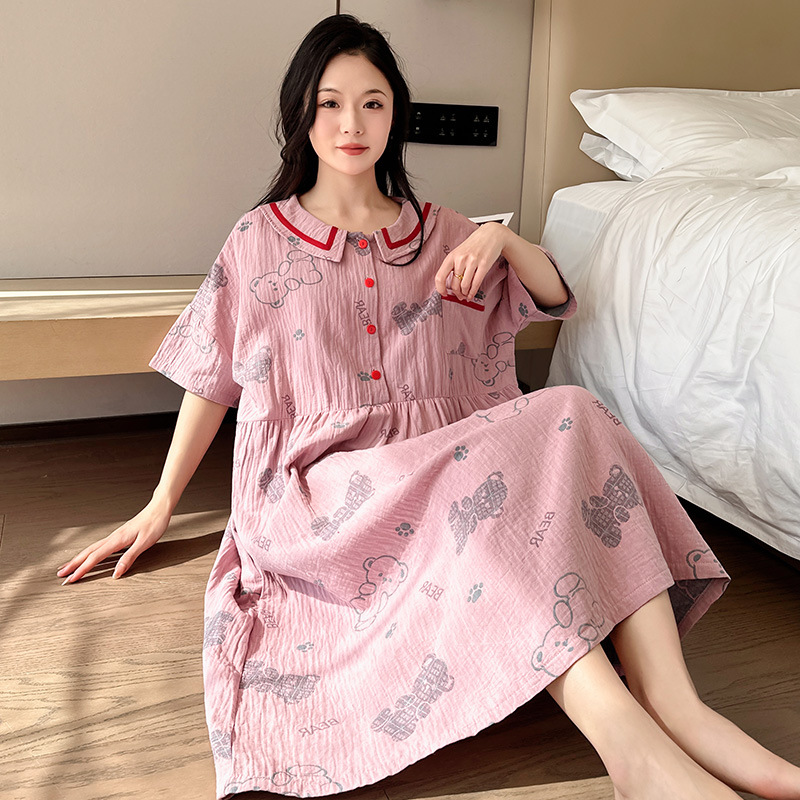 夏季薄款短袖睡裙女翻领格子休闲裙2025新款连衣裙可外穿纯棉