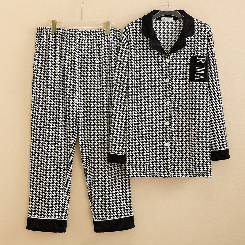 千鸟格情侣睡衣女 秋冬长袖男天鹅绒大码超柔绒200斤两件套家居服