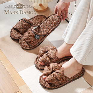 新款 棉布豹纹居家三层底静音无声男女情侣蝴蝶结家居室内地板拖鞋