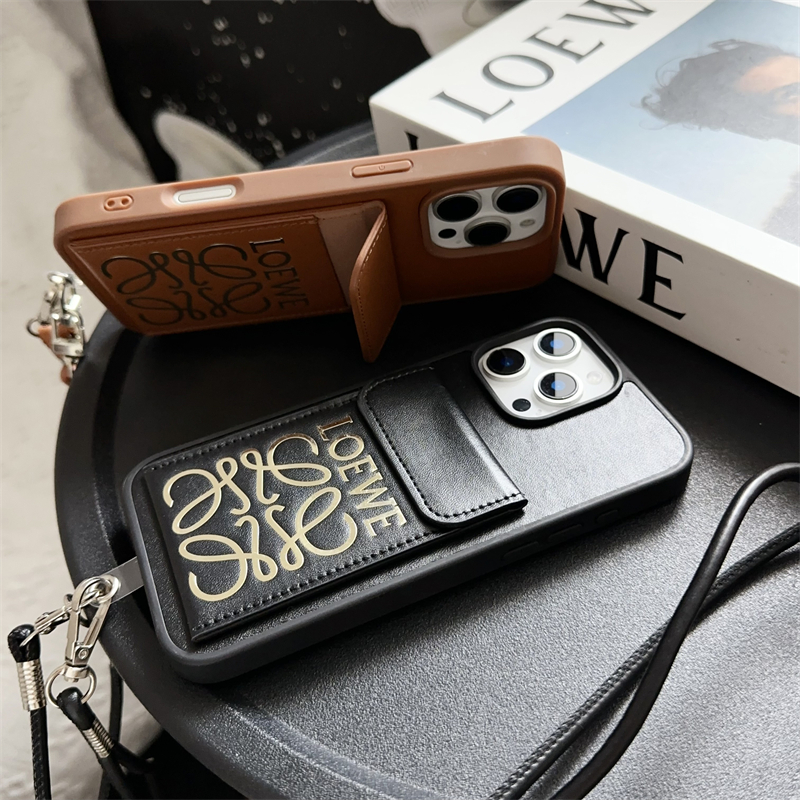 ins风小众设计轻奢风潮牌LOEW适用苹果14promax手机壳15高级感17斜挎背带卡包iPhone16奢侈皮质13女款手提绳