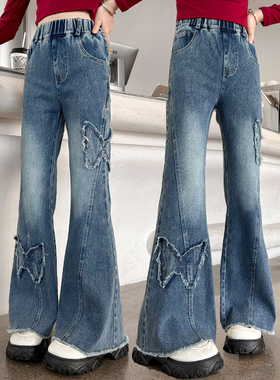 女童牛仔喇叭裤加绒2025新款小女孩洋气微喇裤子秋冬季儿童休闲裤