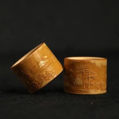 精品名家王雷纯手工精工浅浮雕山水风光老玉竹扳指手把件竹雕指环