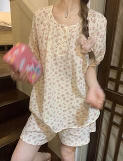 棉纱睡衣女夏天纯棉碎花短袖短裤圆领新款夏季甜美家居服套装