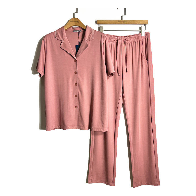 豪门内衣女士莫代尔开襟翻领家居服套装纯色短袖长裤睡衣MG240029