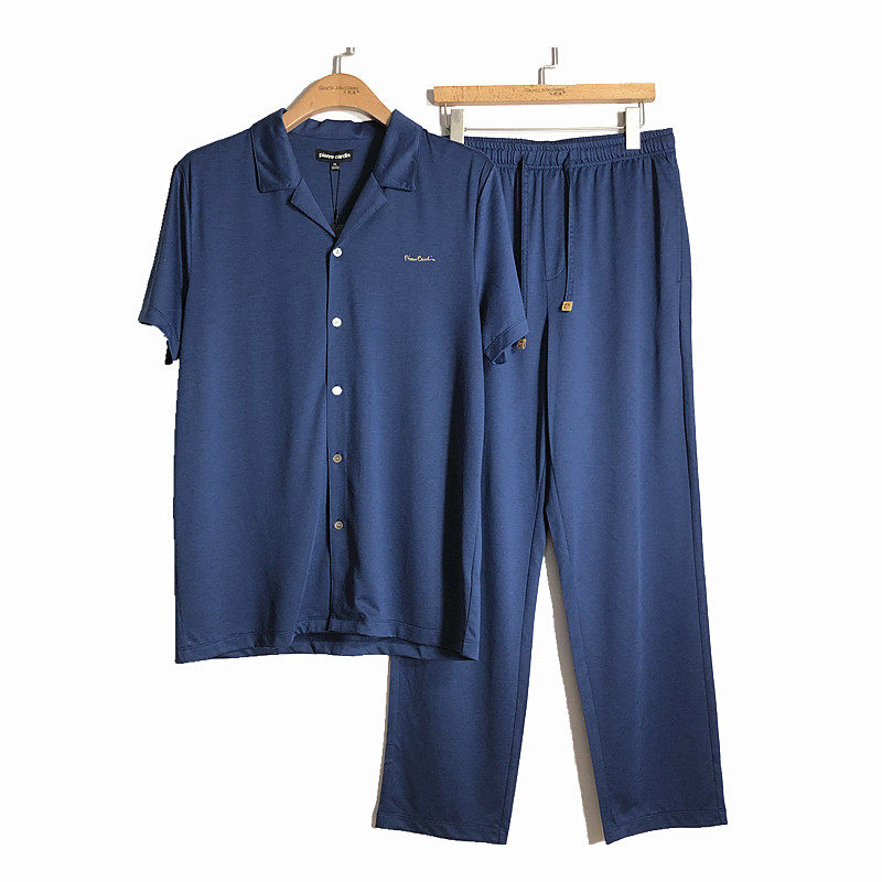 皮尔卡丹男士竹纤维开襟短袖长裤提花睡衣套装休闲家居服PH211046