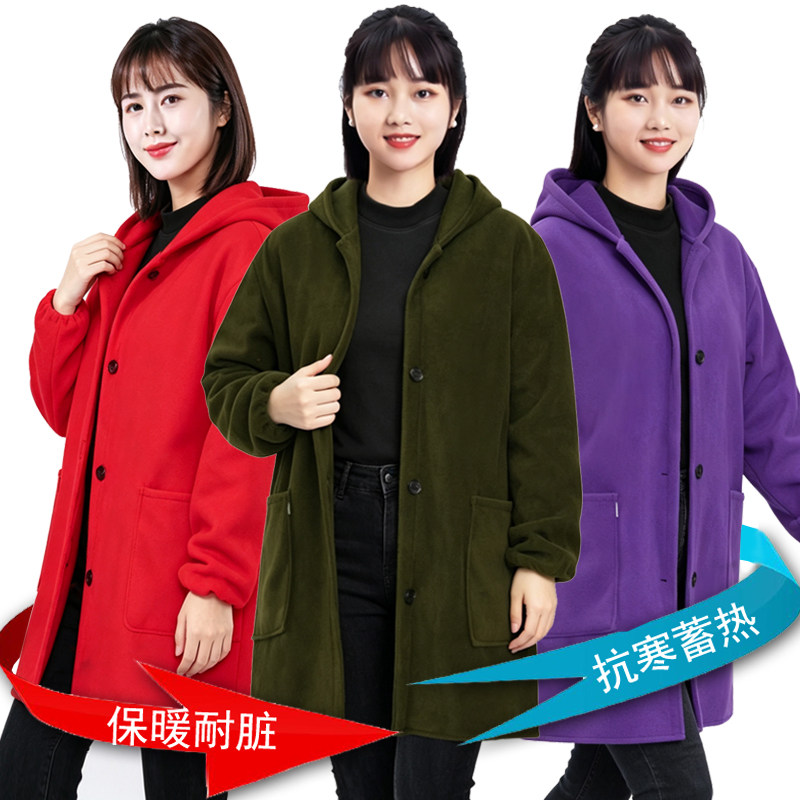 韩版羽绒服罩衣成人女秋冬纯色加绒加厚工作服男厨房长袖围裙护衣
