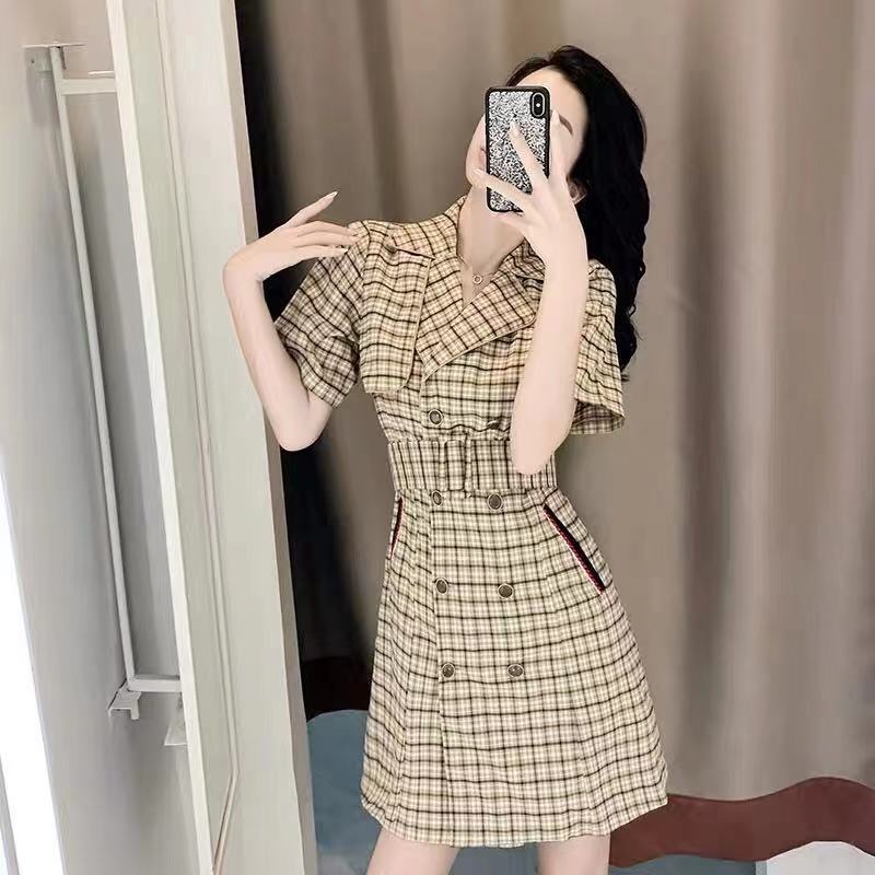 Summer new French retro waist slim design niche suit collar lace up Plaid Dress for women
