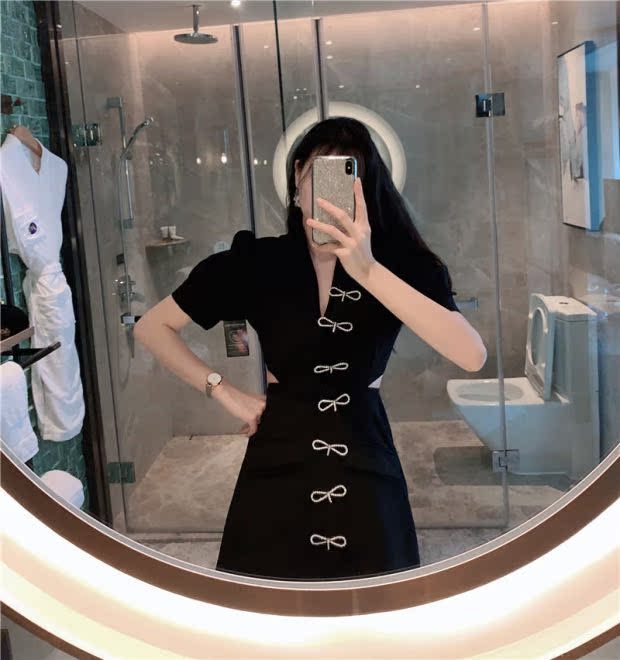 Summer new product customized small black skirt personalized design diamond butterfly waist show thin suit dress
