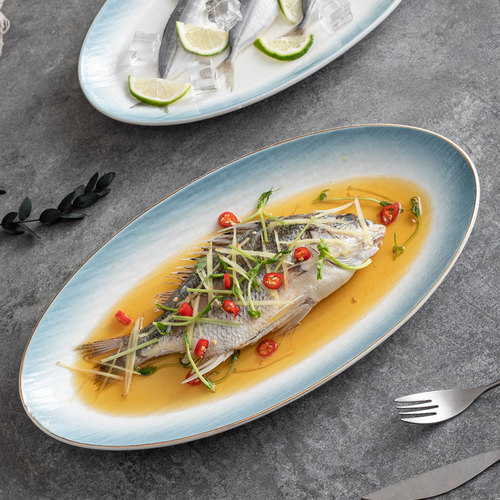 鱼盘陶瓷餐厅椭圆形纯色石纹理