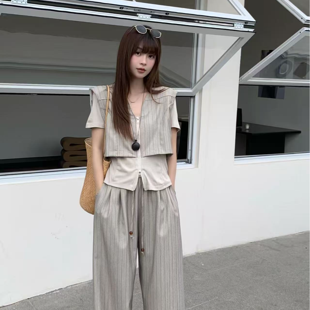 2026夏季新款慵懒随性风假两件上衣洋气女装阔腿裤套装HBZA919917