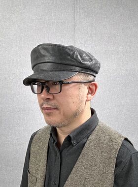 废土风真皮平顶帽男秋冬中老年牛皮报童帽港风民国复古海军帽潮