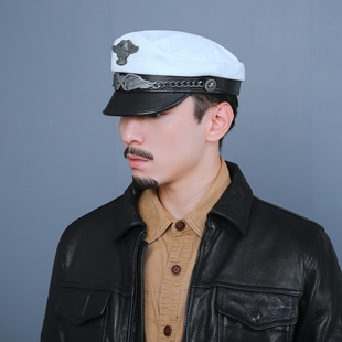 德国真皮船长帽平顶帽子男羊皮牛皮美式机车帽潮春秋真皮哈雷机车