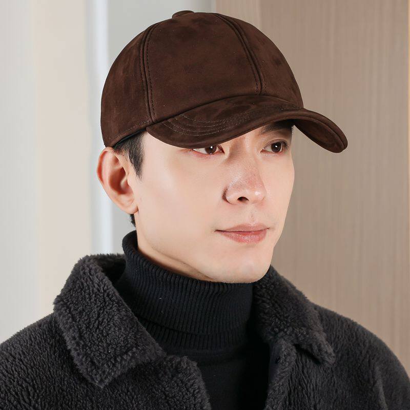 复古真皮棒球帽男中老年秋冬头层牛皮绒面革大帽檐鸭舌帽休闲潮男