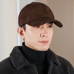 复古真皮棒球帽男中老年秋冬头层牛皮绒面革大帽檐鸭舌帽休闲潮男