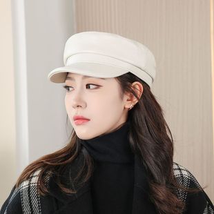 春秋冬款女真皮帽子复古气质羊皮反绒海军帽彩色鸭舌帽船长短沿