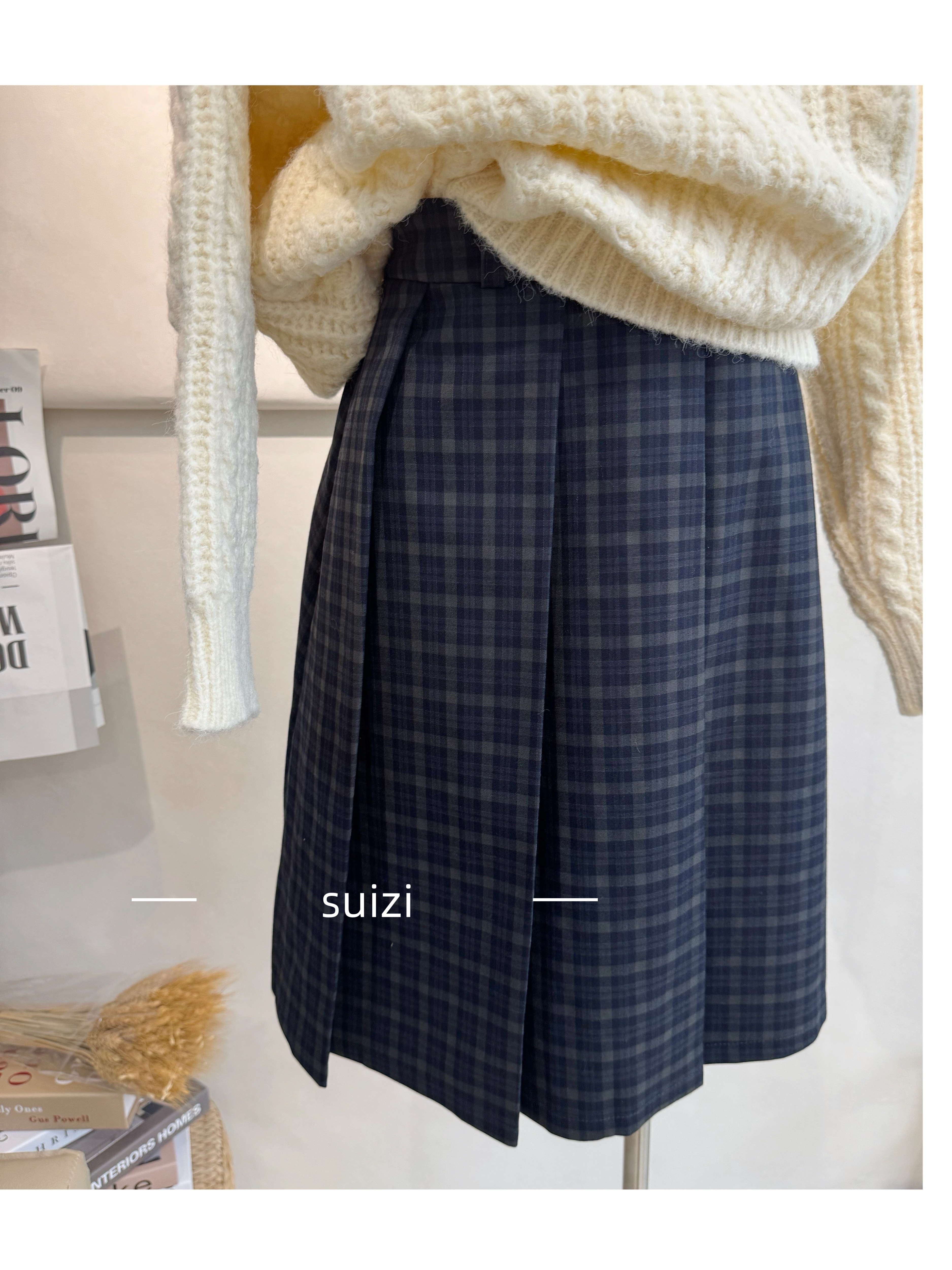 【Suizi】复古学院风蓝色格纹百褶半身裙女高腰A字伞裙中款裙子