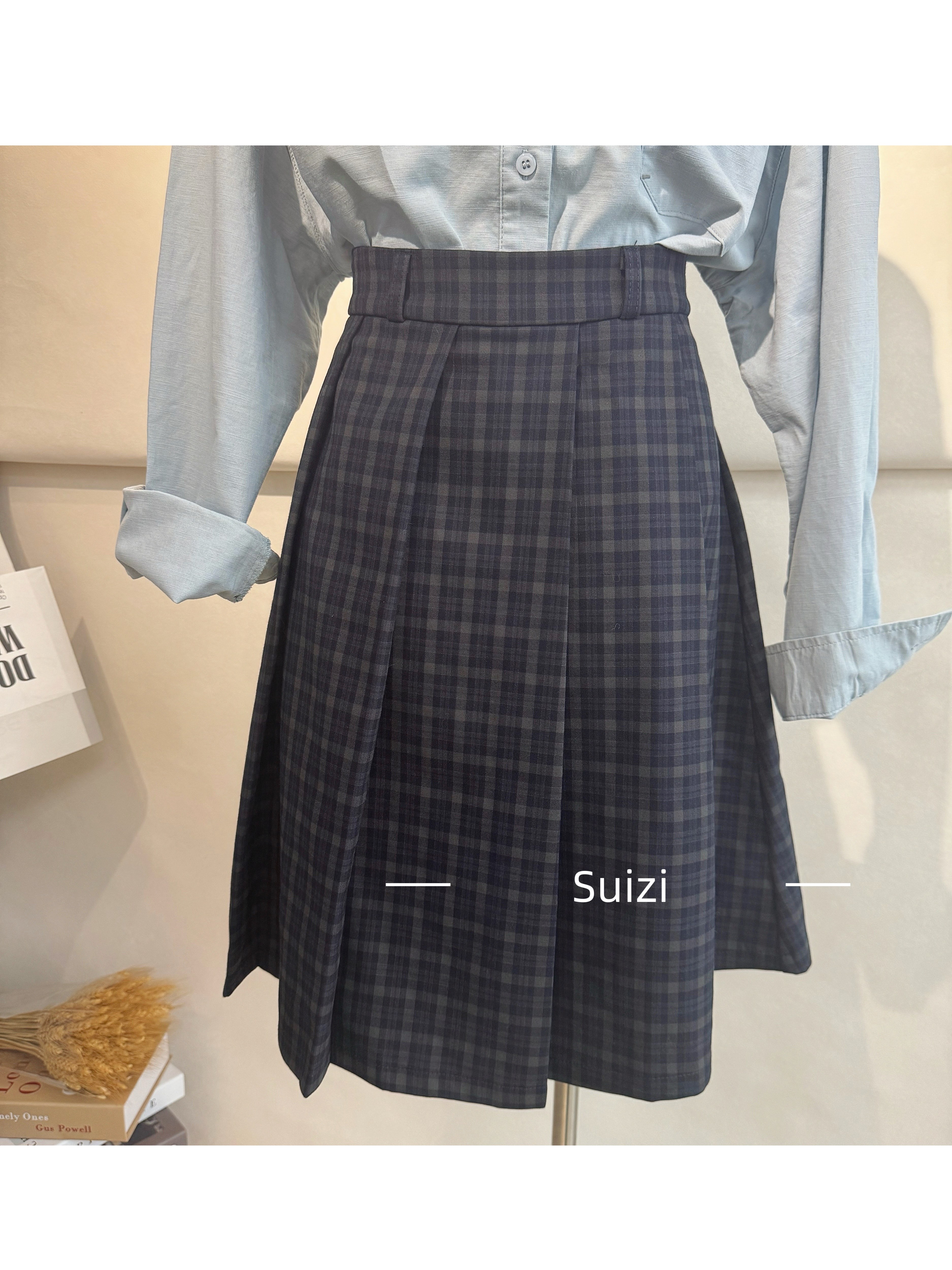 【Suizi】复古学院风蓝色格纹百褶jk半身裙女高腰A字伞裙中款裙子