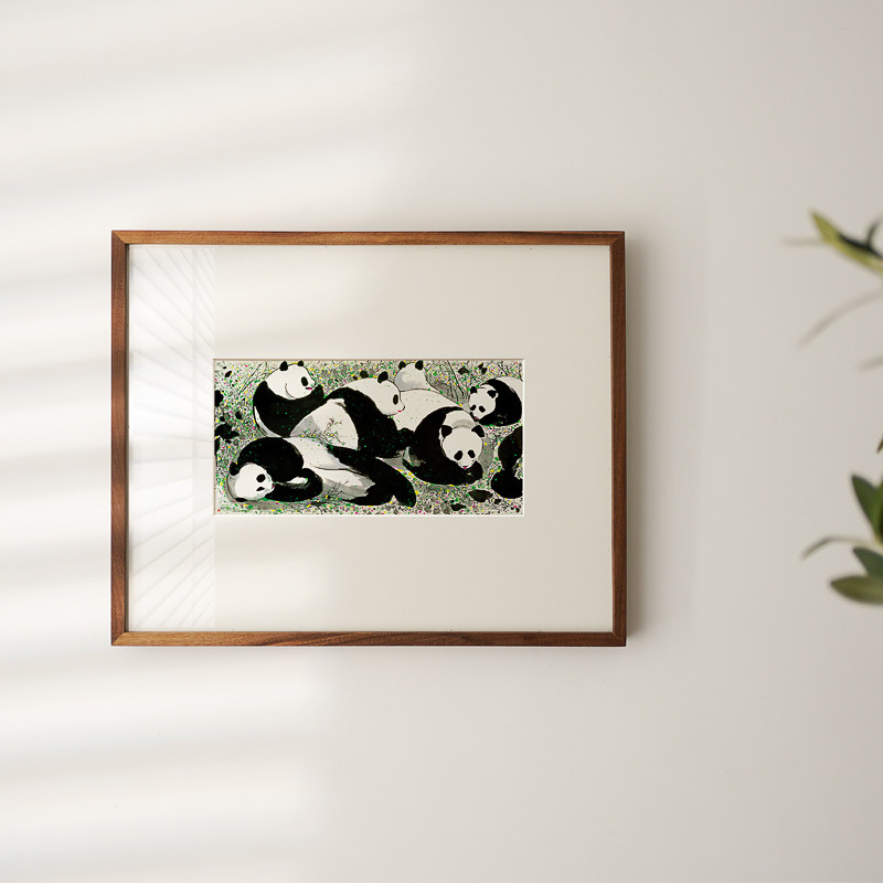 吴冠中熊猫老虎水墨装饰画新中式国画餐厅客厅三联可爱儿童房挂画