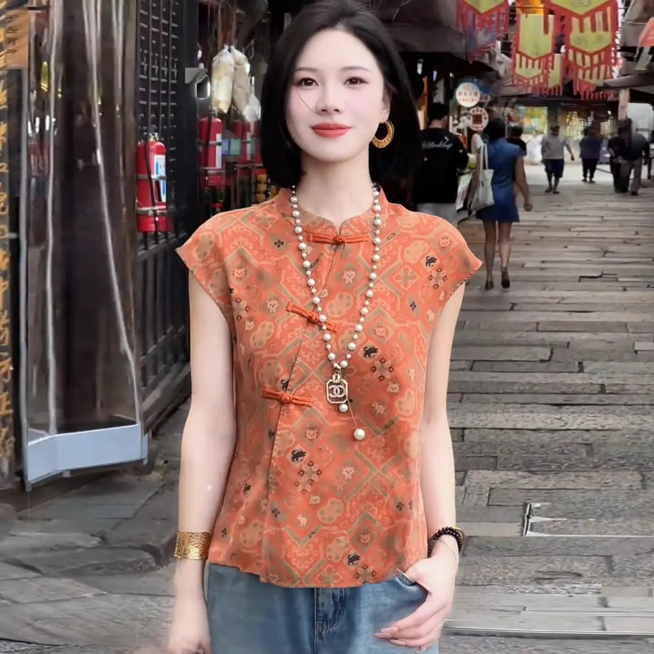 新中式复古提花衬衫女士夏季新款国风盘扣无袖小衫小个子洋气上衣