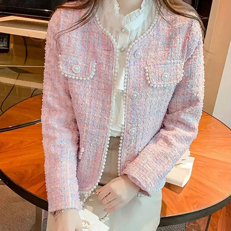 气质名媛粉色小香风外套女春秋装小个子感粗花呢法式短款上衣新式