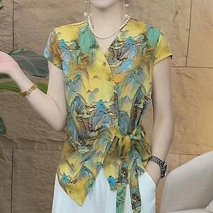 女洋气T恤显瘦收腰上衣 妈妈装 夏V领斜门襟系带水墨画短袖 小衫 时尚