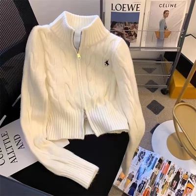 白色双拉链高领针织毛衣开衫女秋冬季加厚修身短款内搭打底衫外套