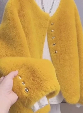 黄色超洋气高级感仿水貂毛外套女士2025冬季新款高端时尚皮毛一体