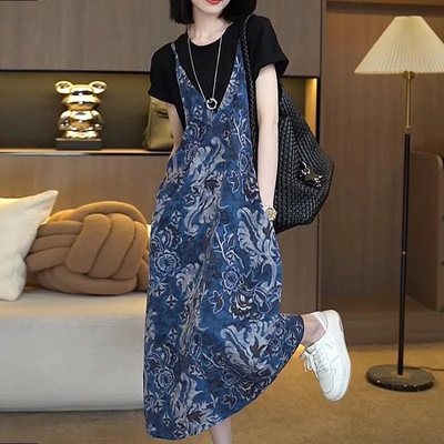 大码女装夏季时尚设计感假两件碎花连衣裙胖mm遮肉显瘦复古长裙子