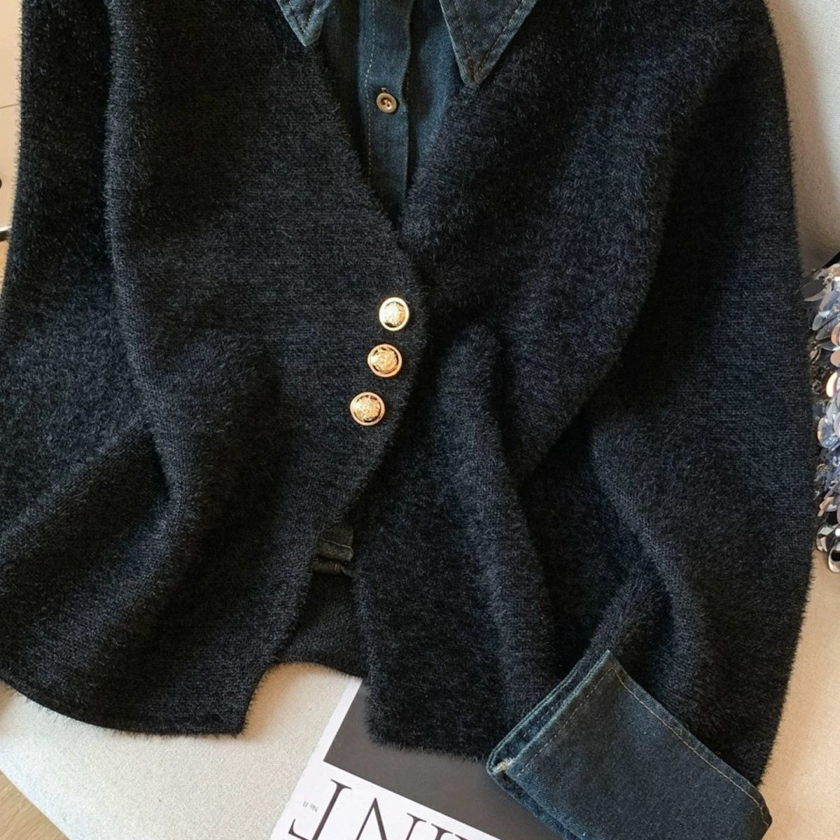 广州十三行爆款女装牛仔拼接假两件翻领针织开衫毛衣小个子短上衣,女装/女士精品,短外套,淘宝优惠券,粉丝福利购,淘宝优惠卷