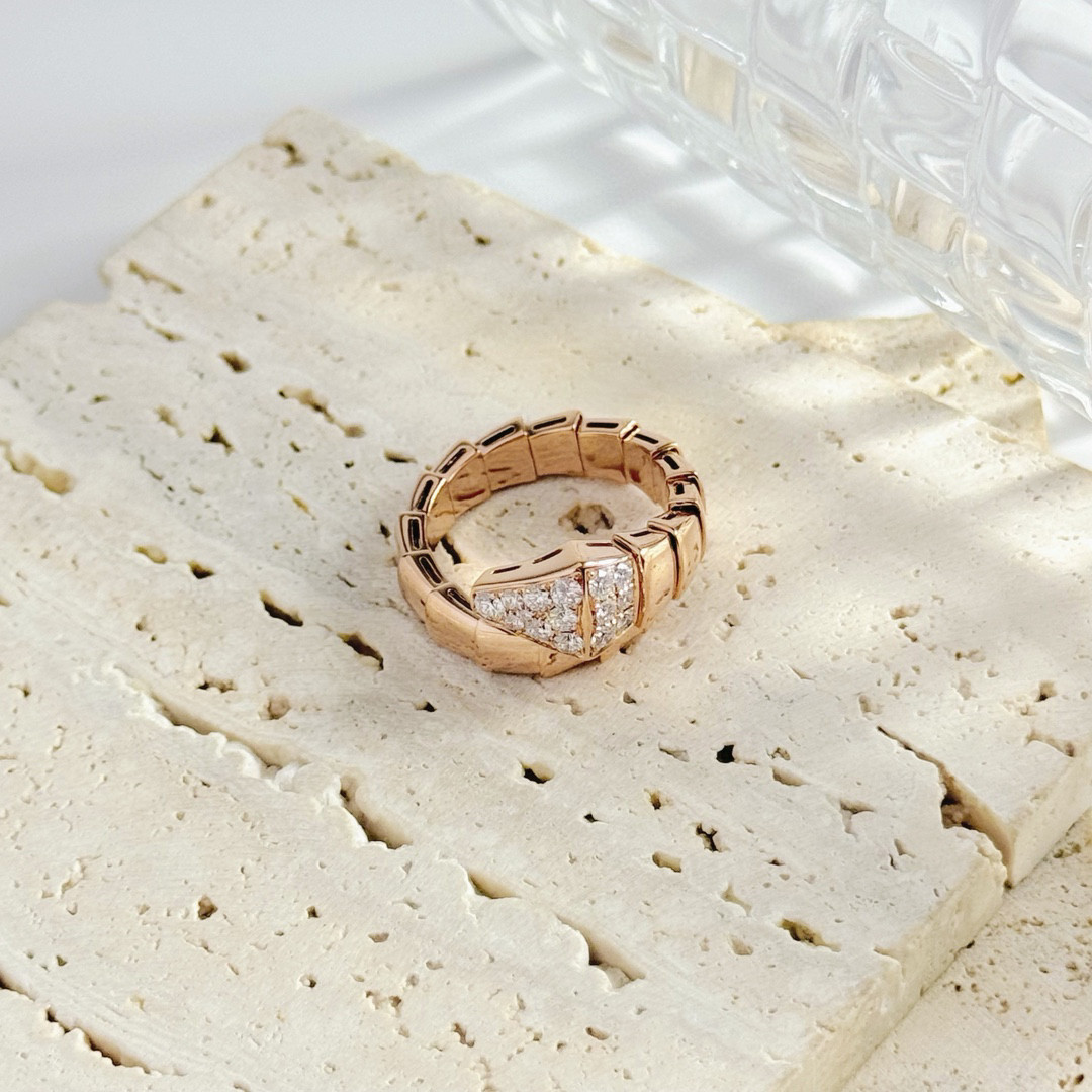 BVLGARI/宝格丽 L号玫瑰金宽版头镶钻蛇头戒指  正品保真