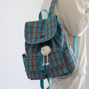 小双肩包2026新款旅行抽绳格子小众书包女轻便大学生上课通勤背包