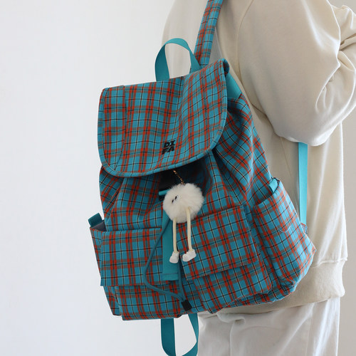 小双肩包2026新款旅行抽绳格子小众书包女轻便大学生上课通勤背包