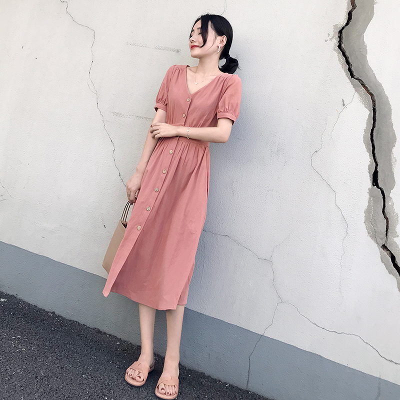 2018新款女装夏装修身高腰中长款连衣裙女收腰粉色短袖v领裙大码