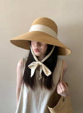 高品质日系草编草帽女夏季飘带大檐海边法式优雅时髦遮阳翻折帽子