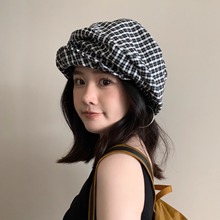 慵懒可爱～日系格子云朵帽子女夏季薄款复古文艺大头显脸小报童帽