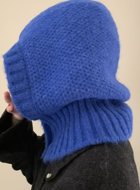 韩国设计师款羊毛混纺针织帽子女秋冬保暖蓝色连围巾巴拉克拉法帽