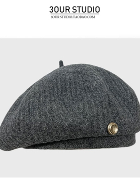 高级灰色羊毛贝雷帽女秋冬法式优雅复古显脸小气质时髦文艺画家帽
