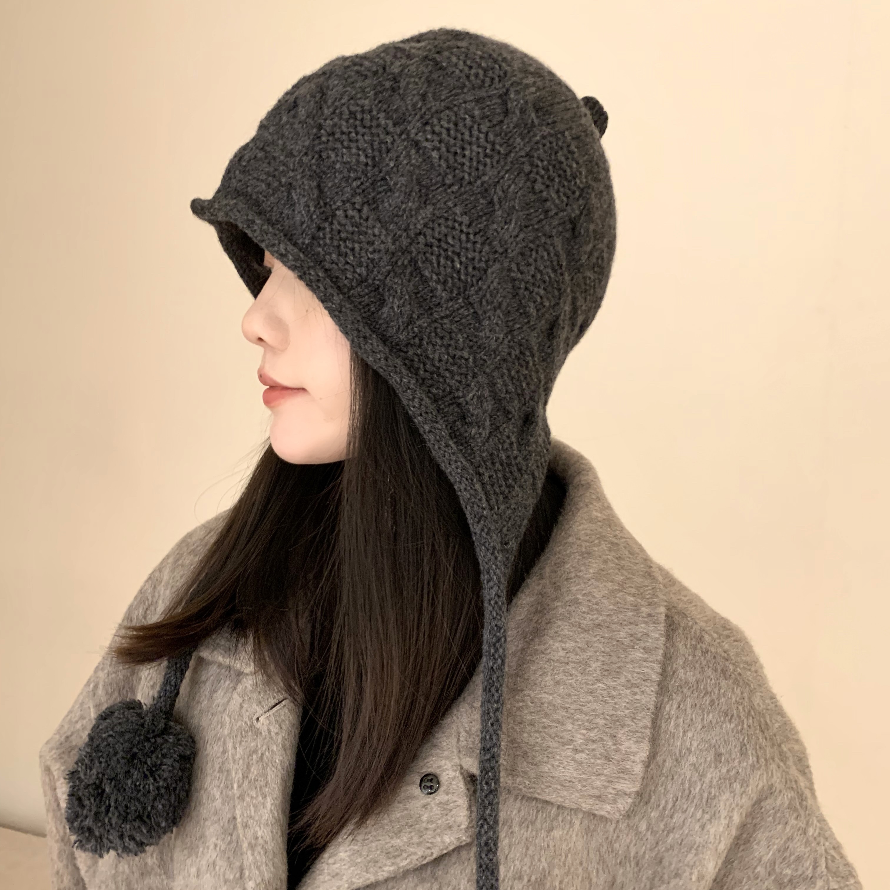 高品质100%羊毛针织帽子女秋冬立体钩花毛球护耳保暖文艺卷边帽子