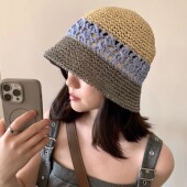 蛮独特 配色～韩版 手工编织草帽女夏天小清新遮阳防晒度假水桶帽