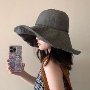 超大15cm帽檐亚麻渔夫帽女日系森系文艺uv防晒户外百搭夏季遮阳帽