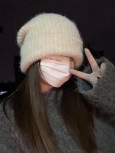 大头专属~毛绒暖和堆堆帽子女秋冬羊毛针织卷边护耳米色网红冷帽