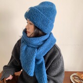 ins蓝色羊毛针织帽女冬日系复古大头保暖显白围巾两件套长款 围脖