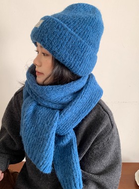 ins蓝色羊毛针织帽女冬日系复古大头保暖显白围巾两件套长款围脖