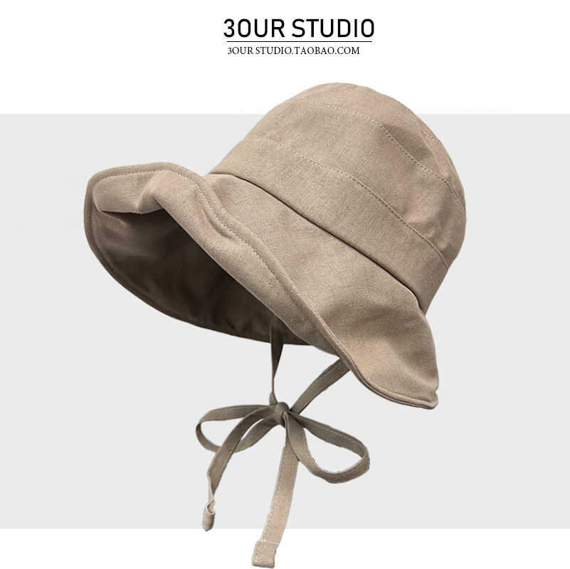 夏天防晒帽子女棉麻系带蝴蝶结韩版复古百搭骑车遮阳后开叉渔夫帽