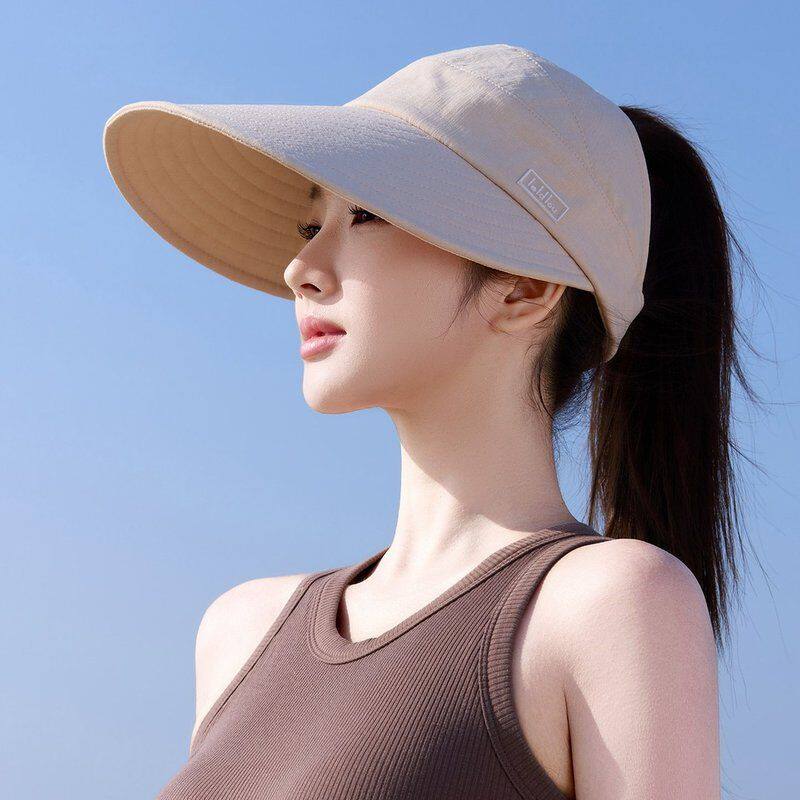 夏季空顶扎马尾防晒帽女士大帽檐显脸小防紫外线户外骑车遮阳帽