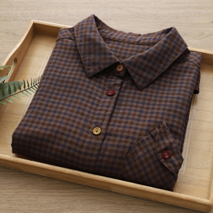 出口原单复古小格子彩色扣子双层棉纱长袖 宽松全棉打底衬衣 衬衫