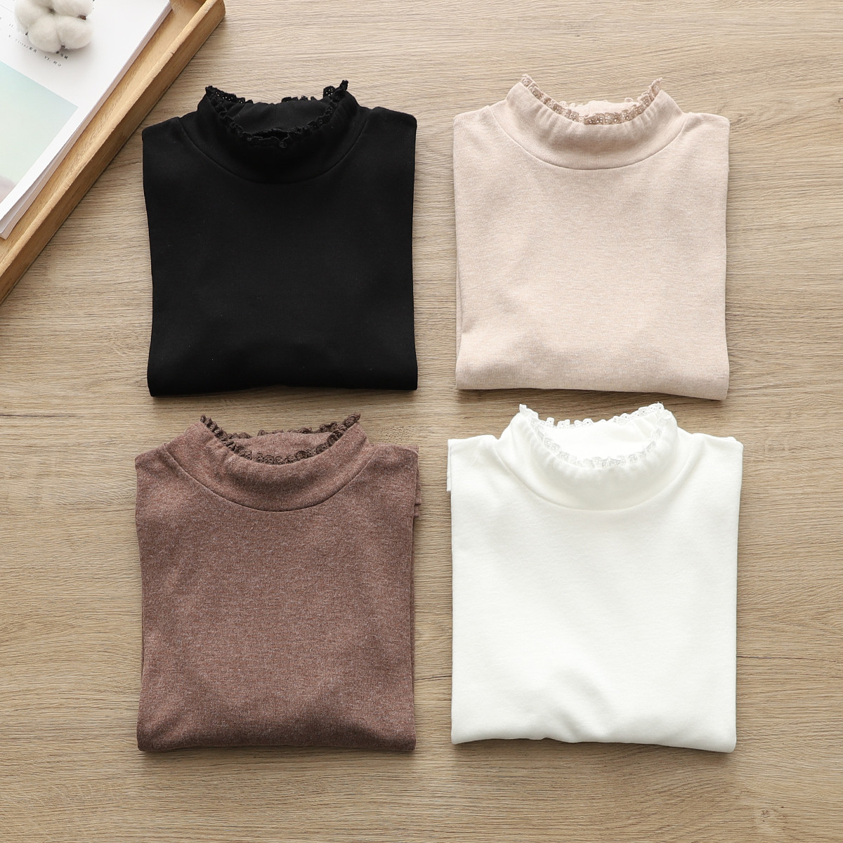 冬季内搭纯棉蕾丝花边纯色打底衫